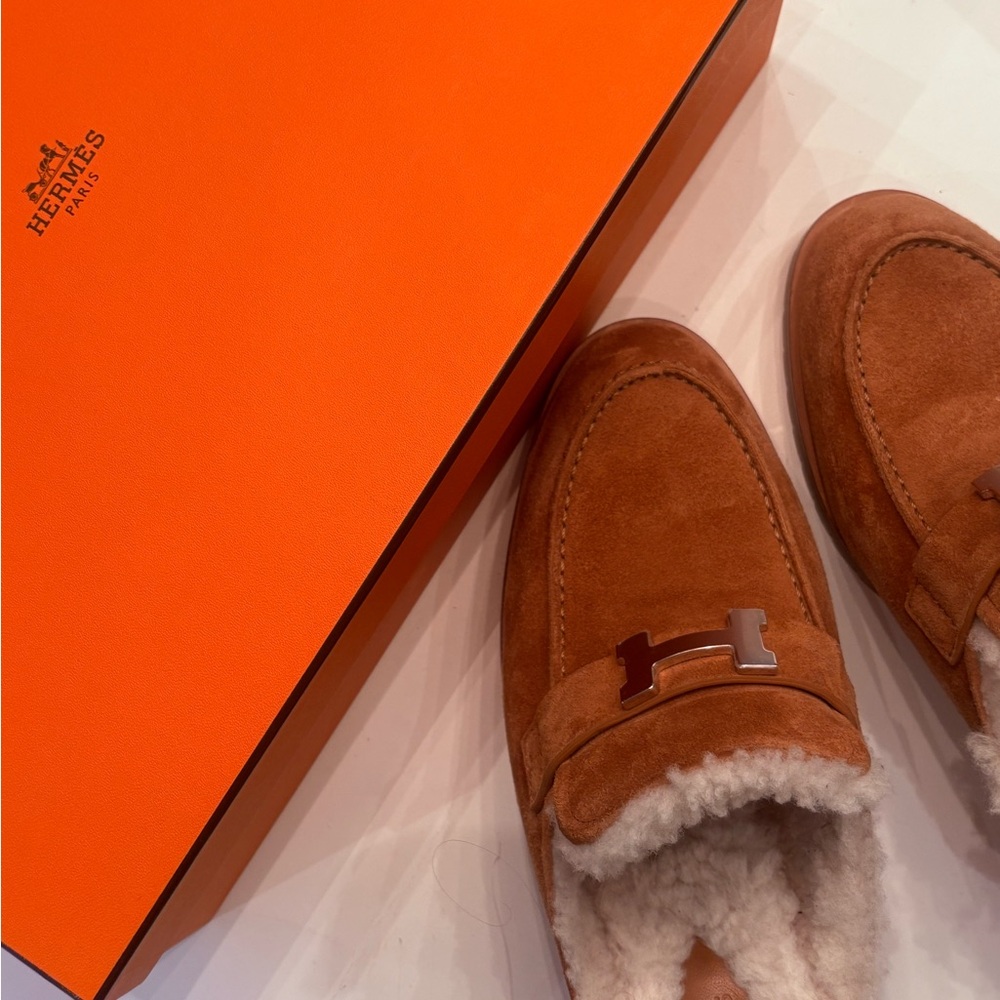 Authentic Hermes Cognac coloured sherling mules